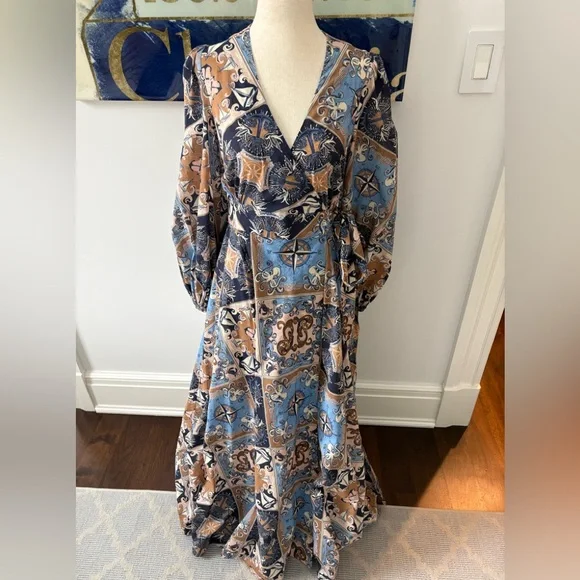 Zimmermann Patchwork Sailor Print Blue and Tan Long Sleeve Wrap Dress